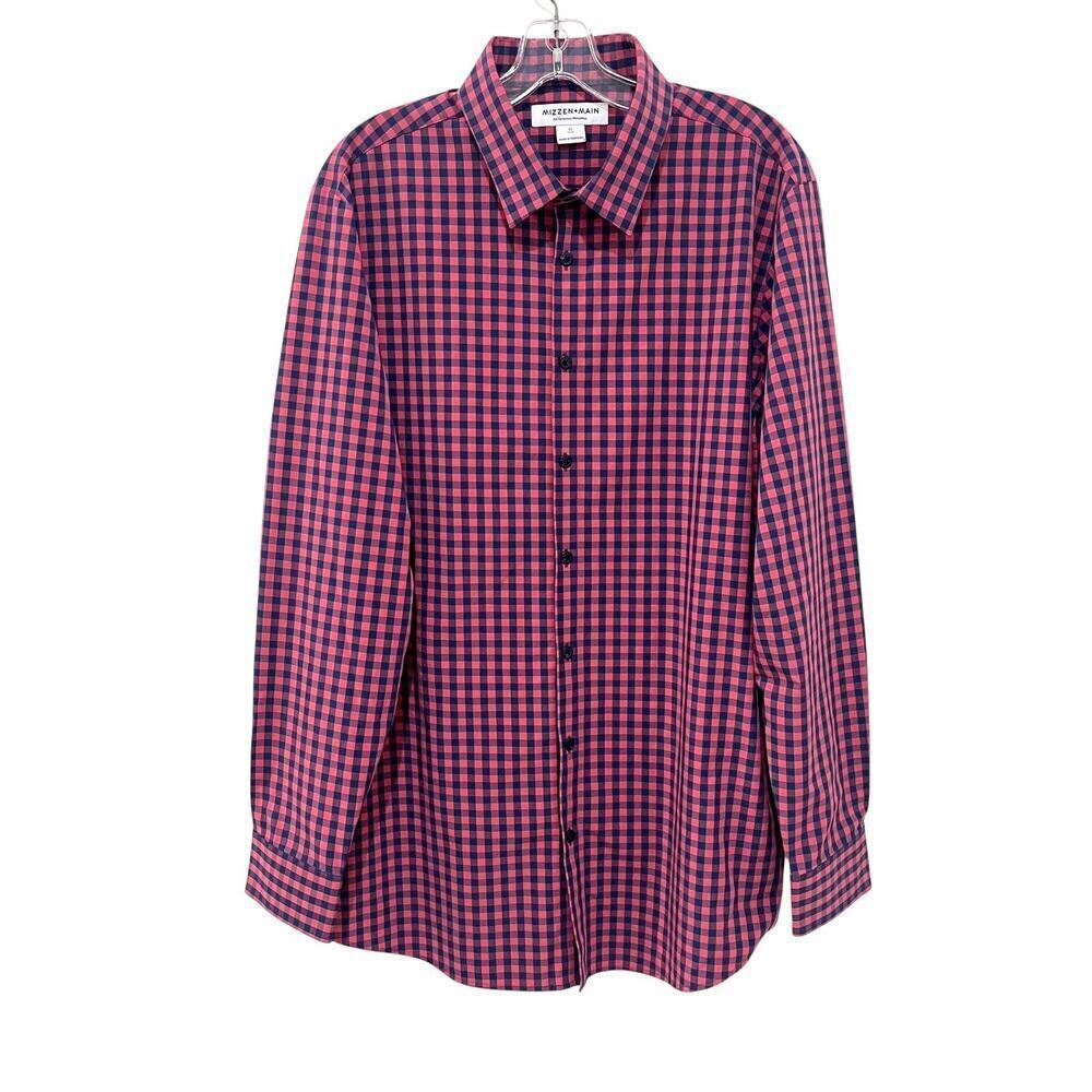 Mizzen + Main Performance Button Down XL Gingham Plaid Shirt Pink Navy Trim Fit